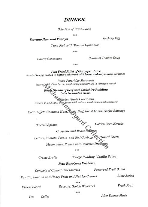 Canberra Dinner Menu 22nd March 1988
